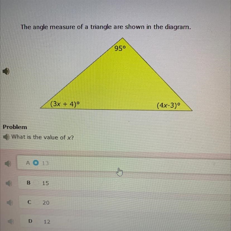 The angle measure of a triangle are shown in the diagram. 95° (3x + 4)º (4x-3) Problem-example-1