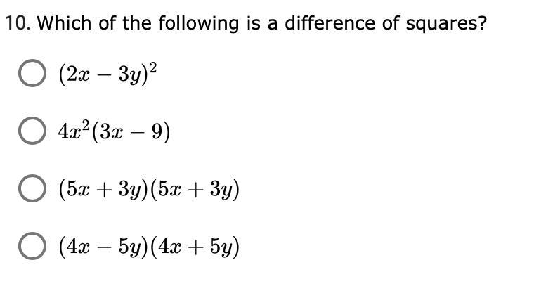 Which of the following is a difference of squares?-example-1