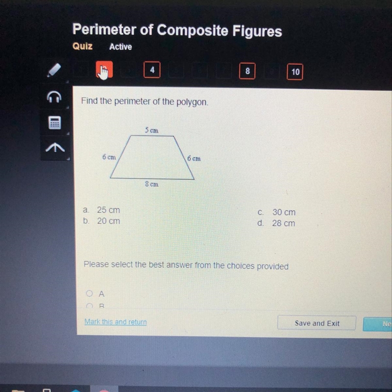 Find the perimeter of the polygon. a. 25 cm b. 20 cm C. 30 cm d. 28 cm-example-1