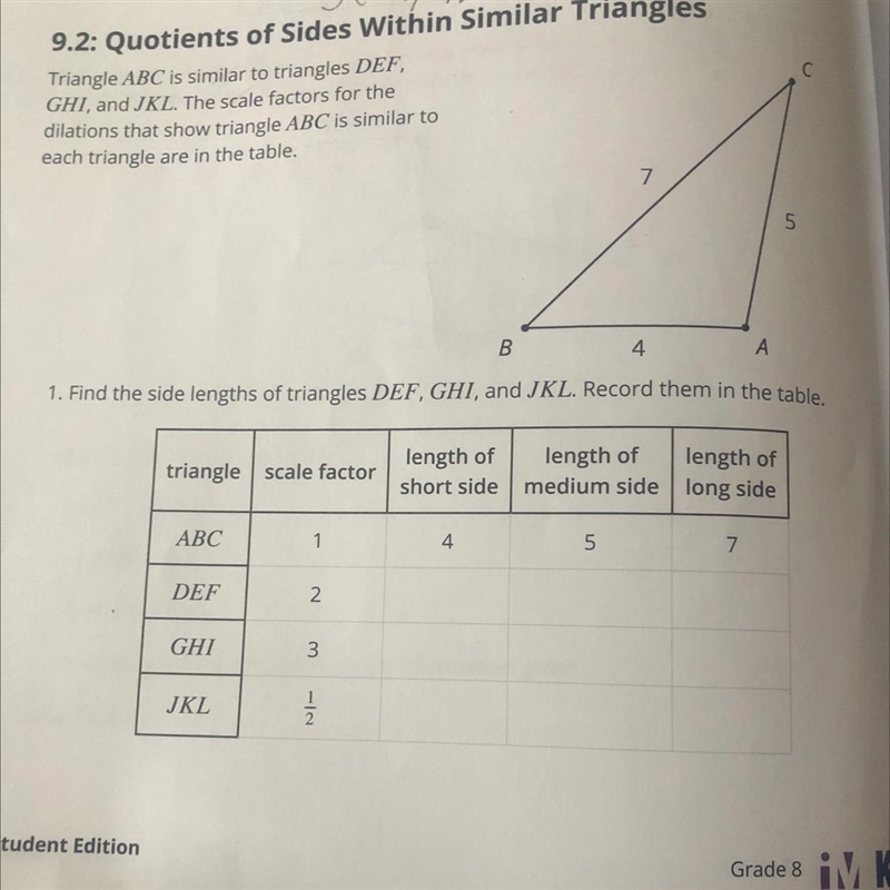 Triangle abc is similar to triangles def ghi and jkl the scale factors for the dilations-example-1