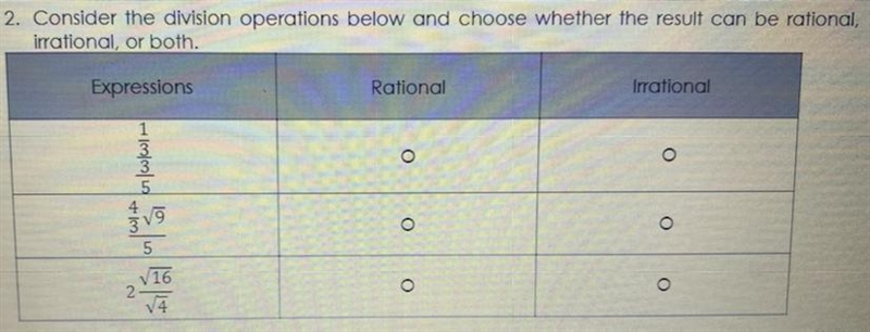 2. Consider the division operations below and choose whether the result can be rational-example-1