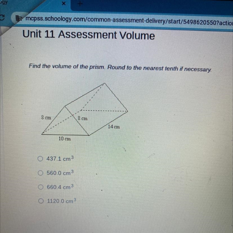 Find the volume of the prism. Round to the nearest tenth.-example-1