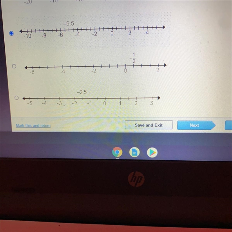 Which shows a rational number plotted correctly on a number line?-example-1