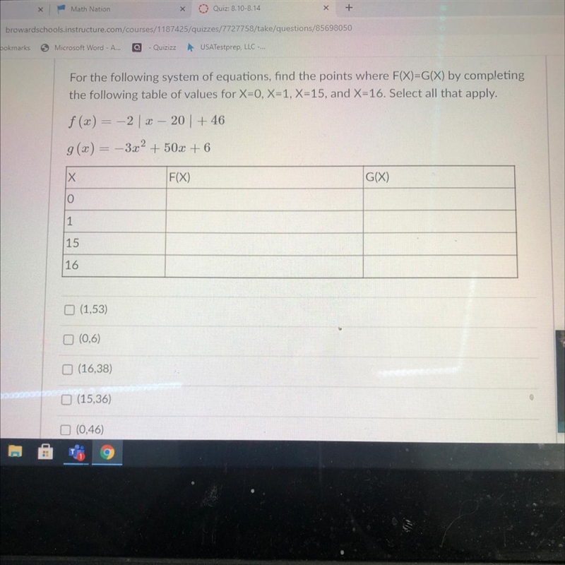 For the following system of equations, find the points where F(X)=G(X) by completing-example-1