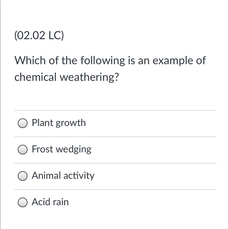 Which of the following is an example of chemical weathering?-example-1