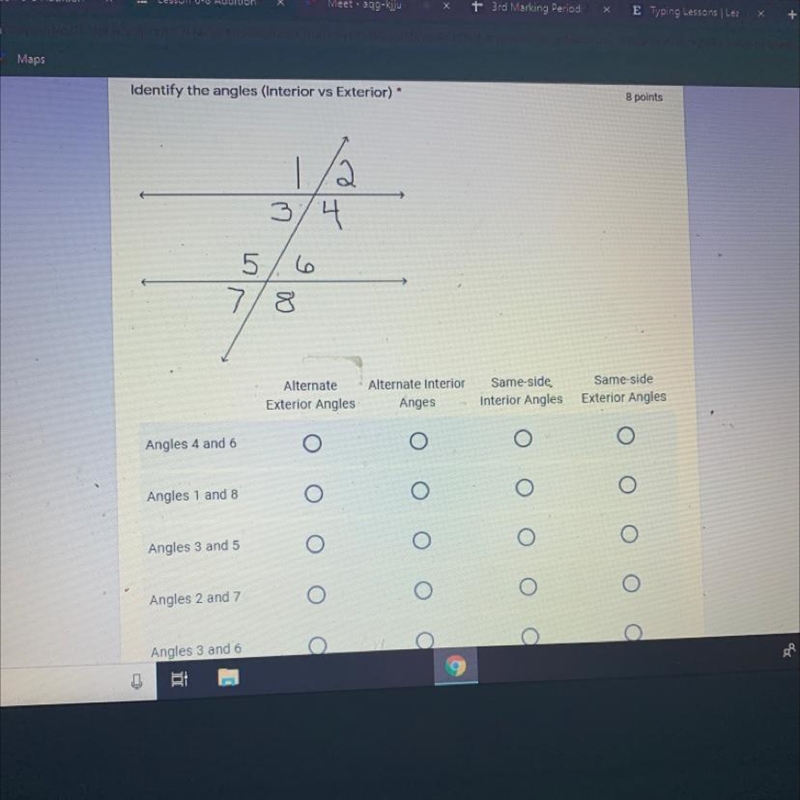 Identify the angles (Interior vs Exterior) Please help! I will give you a heart !-example-1