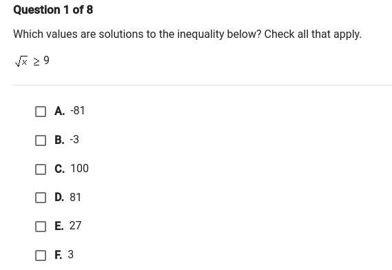 Which values are solutions to the inequality below? Check all that apply.-example-1