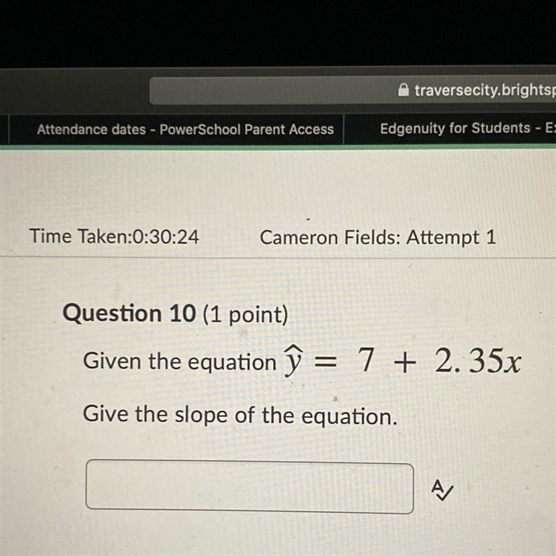 Given the equations y= 7 + 2.35x give the slope of the equation-example-1