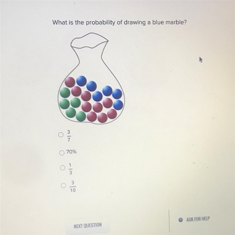 What is the probability of drawing a blue marble?-example-1