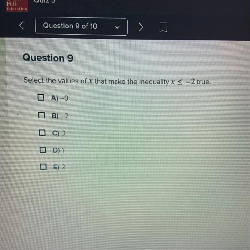 Select the values of x that make the inequality x < -2 true.-example-1