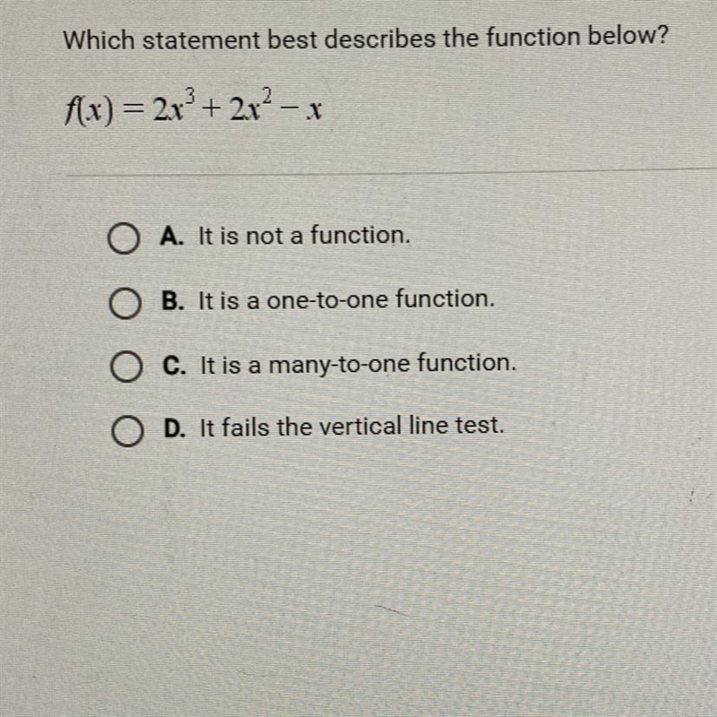 Which statement best describes the function below? f(x)= 2x^3+2x^2-x-example-1