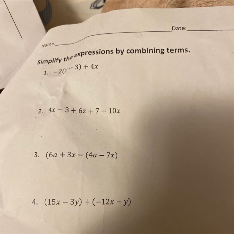 Expressions by combining terms. Simplify the 1. -2(x 3) + 4x 2. 4x - 3+ 6 + 7 – 10x-example-1