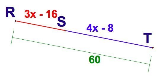 Given: RS = 3x - 16 ST = 4x - 8 RT = 60 Solve for RS.-example-1