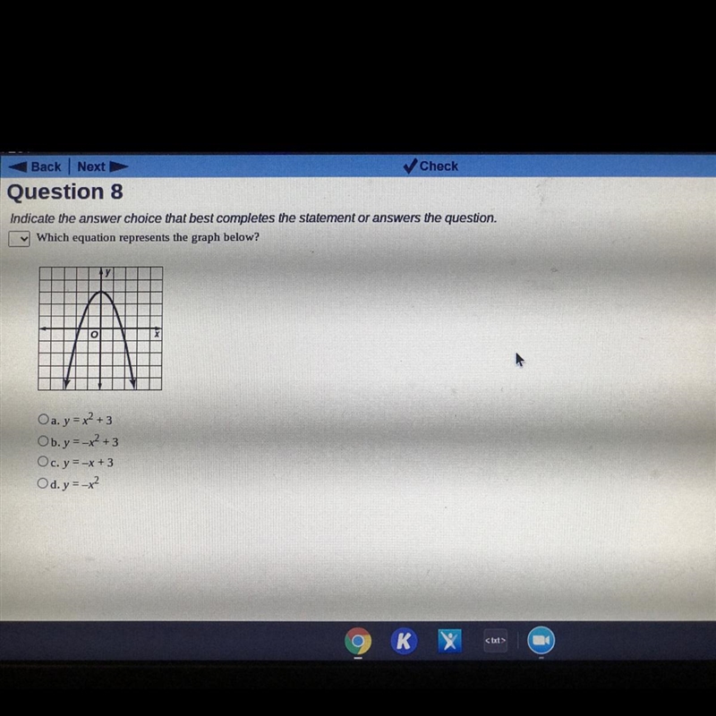 Which equation represents the graph below A. y= x^2 + 3 B. y= -x^2 + 3 C. y= -x + 3 D-example-1