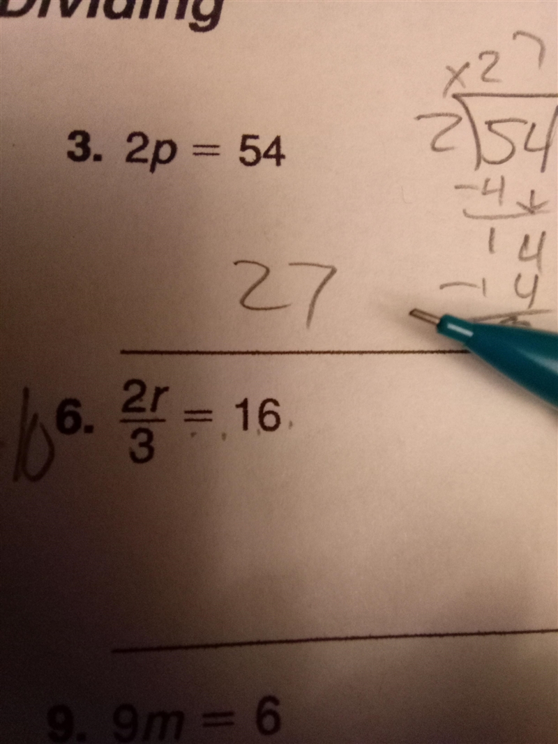 Algebra 1: 2r divided by 3 =16 Find out the value of r-example-1