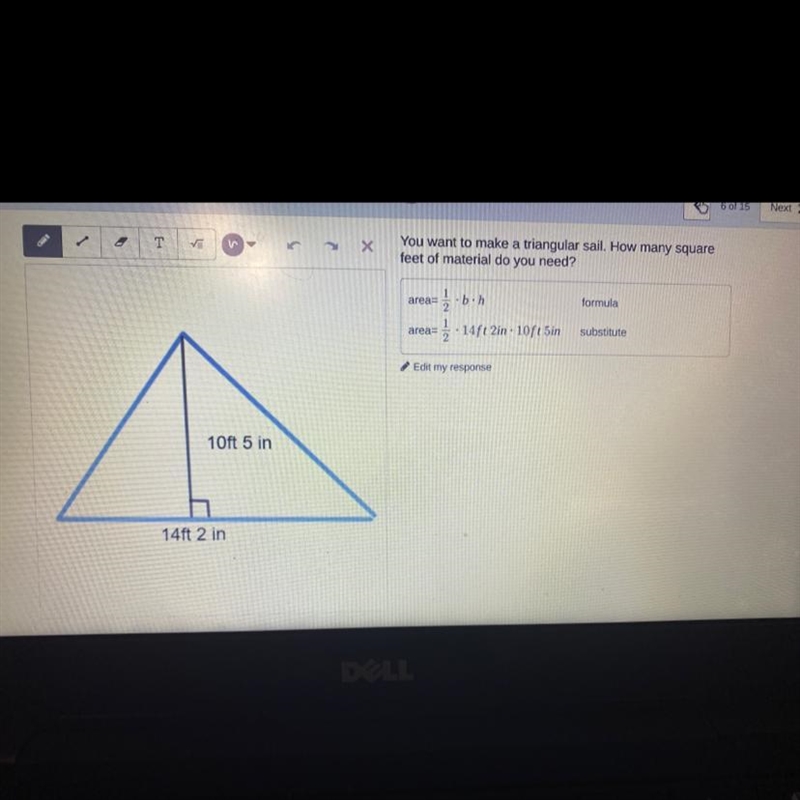 Please help! You want to make a triangular sail. How many square feet of material-example-1