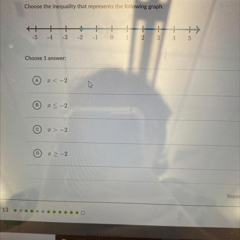 Choose the inequality that represents the following graph.-example-1