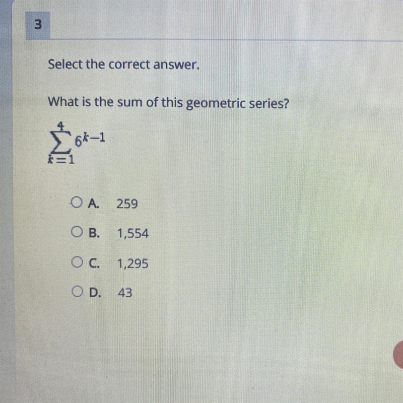 Select the correct answer. What is the sum of this geometric series? 64-1 ОА. 259 OB-example-1