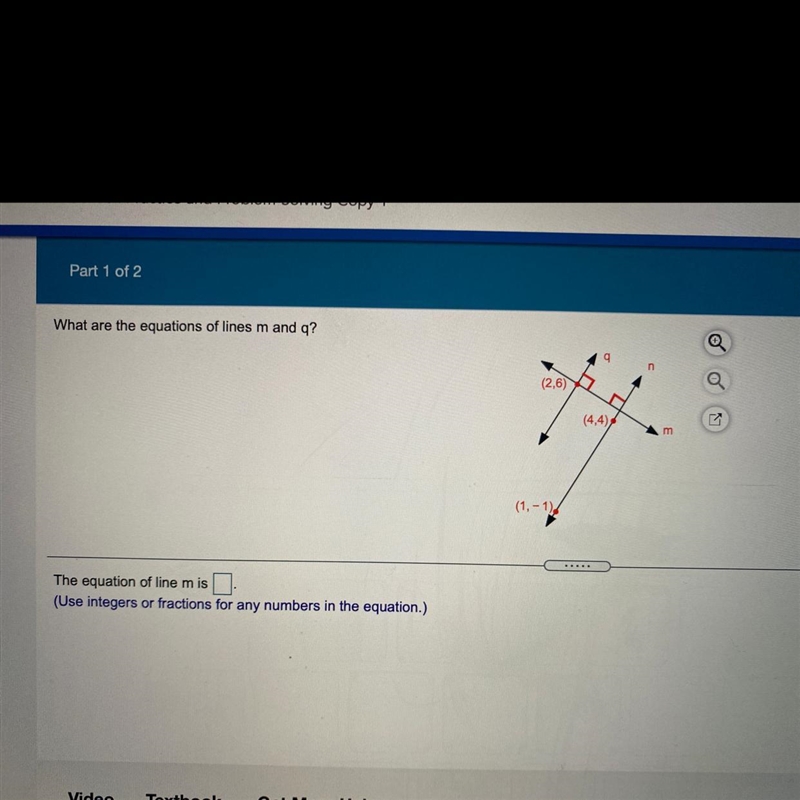 What are the equations of lines m and q? The equation of line m is:-example-1