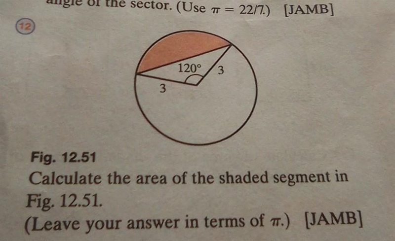 12 120° 3 3 Fig. 12.51 Calculate the area of the shaded segment in Fig. 12.51. (Leave-example-1