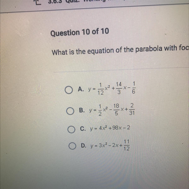 What is the equation of the parabola with focus (1/3, 2/3) and directrix y = 1/2pls-example-1