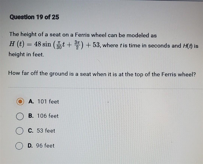 The height of a seat on a Ferris wheel can be modeled as H (t) = 48 sin (pi/30 t+ 3pi-example-1