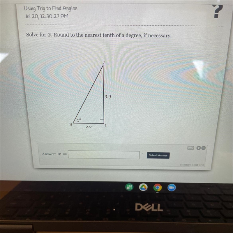 Solve for 2. Round to the nearest tenth of a degree, if necessary. 3.9 0 H 2.2 NO-example-1