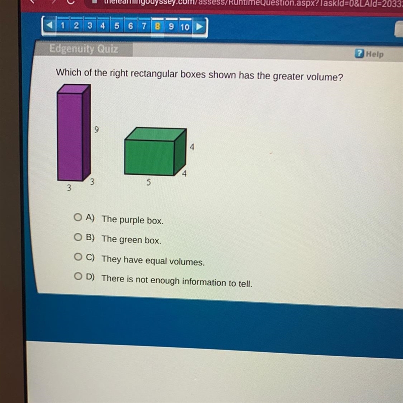 Which of the right rectangular boxes shown has the greater volume?-example-1