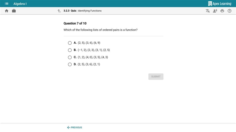 **25 POINTS** Which of the following lists of ordered pairs is a function?-example-1