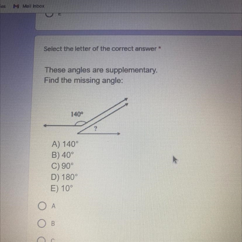 Select the letter of the correct answer These angles are supplementary. Find the missing-example-1