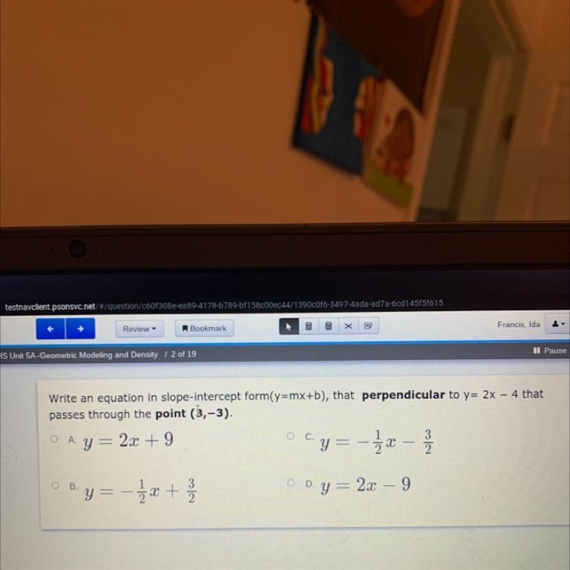 Write an equation in slope-intercept form (y = mx + b) , that perpendicular to y = 2x-example-1