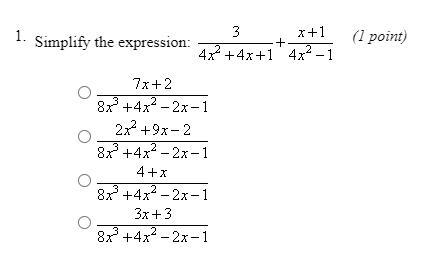 Simplify the expression 3/4x^2+4x+1 + x+1/4x^2-1-example-1