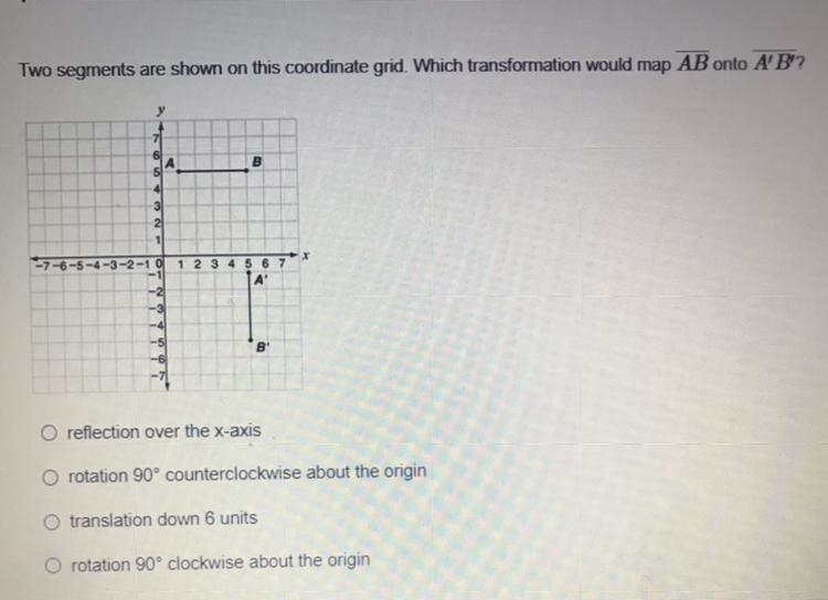 What’s the correct answer A: reflection over the X axis B: rotate 90° counterclockwise-example-1