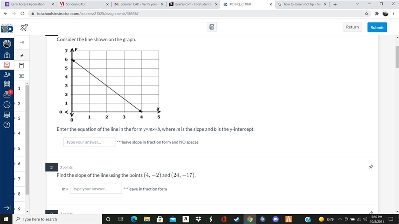 Enter the equation of the line in the form y=mx+b, where m is the slope and b is the-example-1