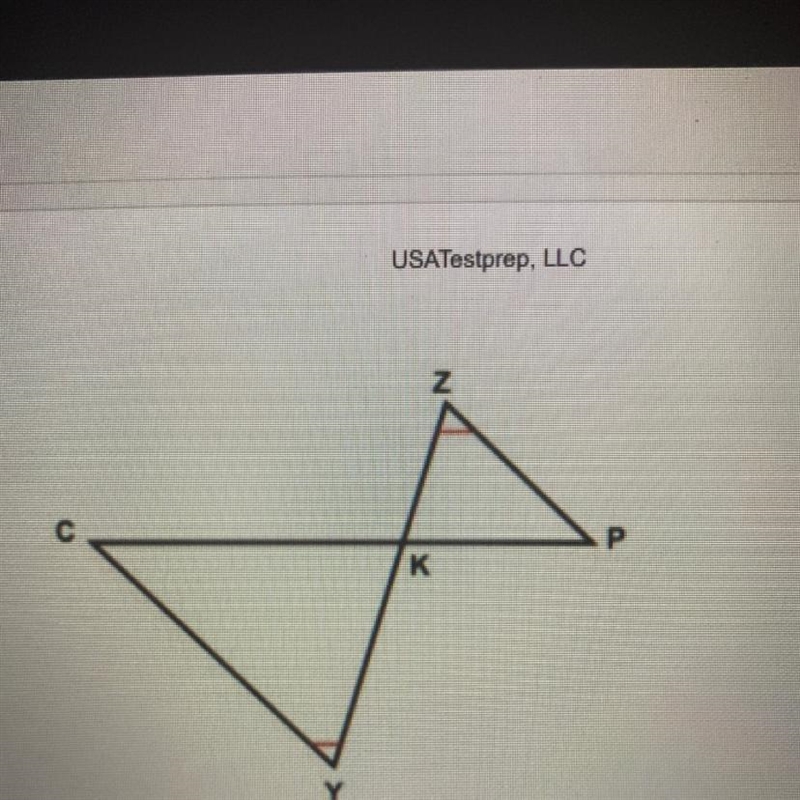 Determine if the triangles, △PKZ and △CKY, are similar. If so, identify the similarity-example-1