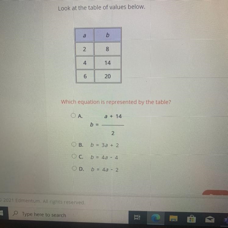 Which equation is represented by the table-example-1