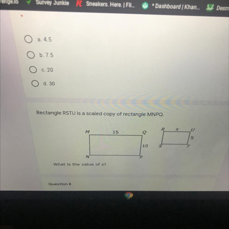 Rectangle RSTU is a scaled copy of rectangle MNPQ What is the value of x?-example-1