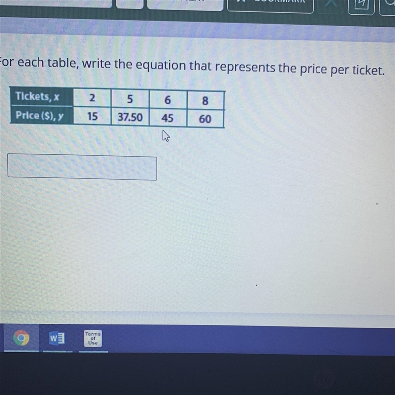 For each table, write the equation that represents the price per ticket.-example-1