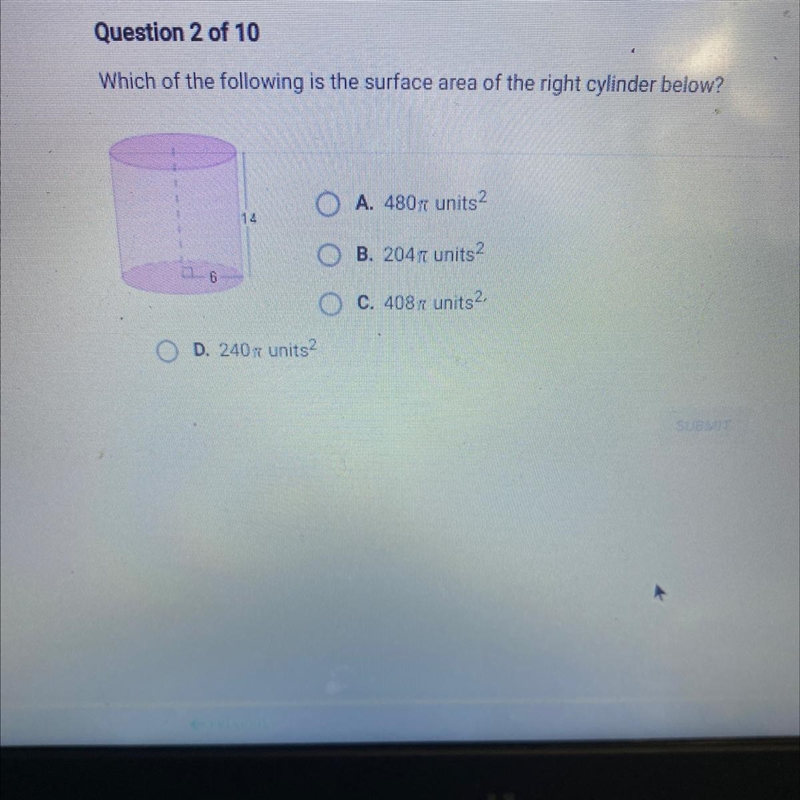 Which of the following is the surface area of the right cylinder below? O A. 480pi-example-1