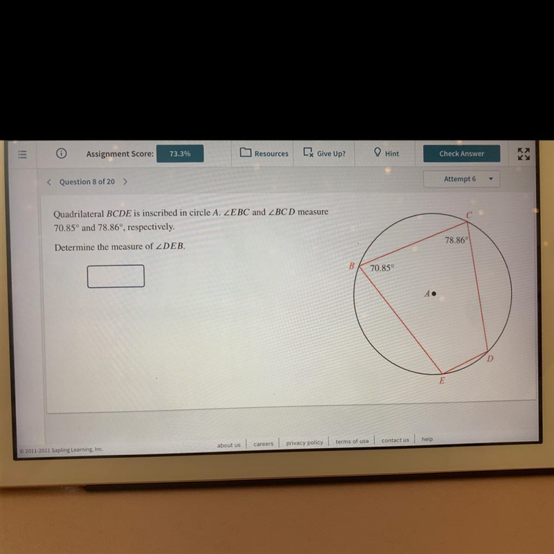 Quadrilateral BCDE is inscribed in circle A. EBC and BCD measure 70.85 and 78.86°, respectively-example-1