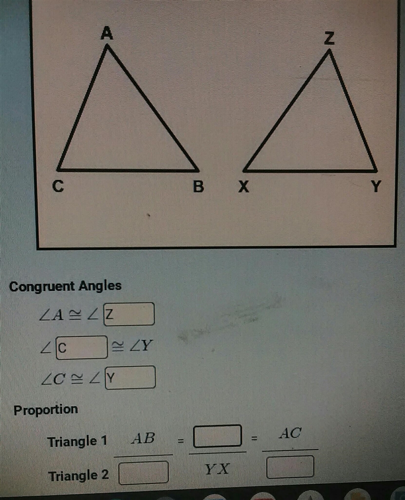 Propprtion triangle 1 AB= ? = AC triangle 2 ? YX. ?​-example-1