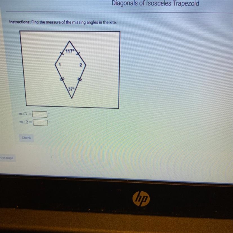 Instructions: Find the measure of the missing angles in the kite-example-1