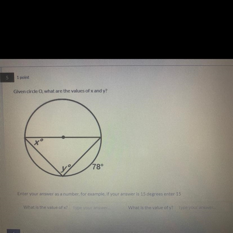 Given circle o, what are the values of x and y?-example-1