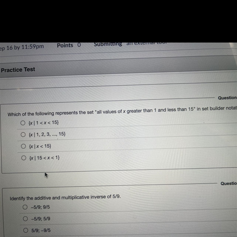 Which of the following represents the set “all values of x greater then 1 and less-example-1