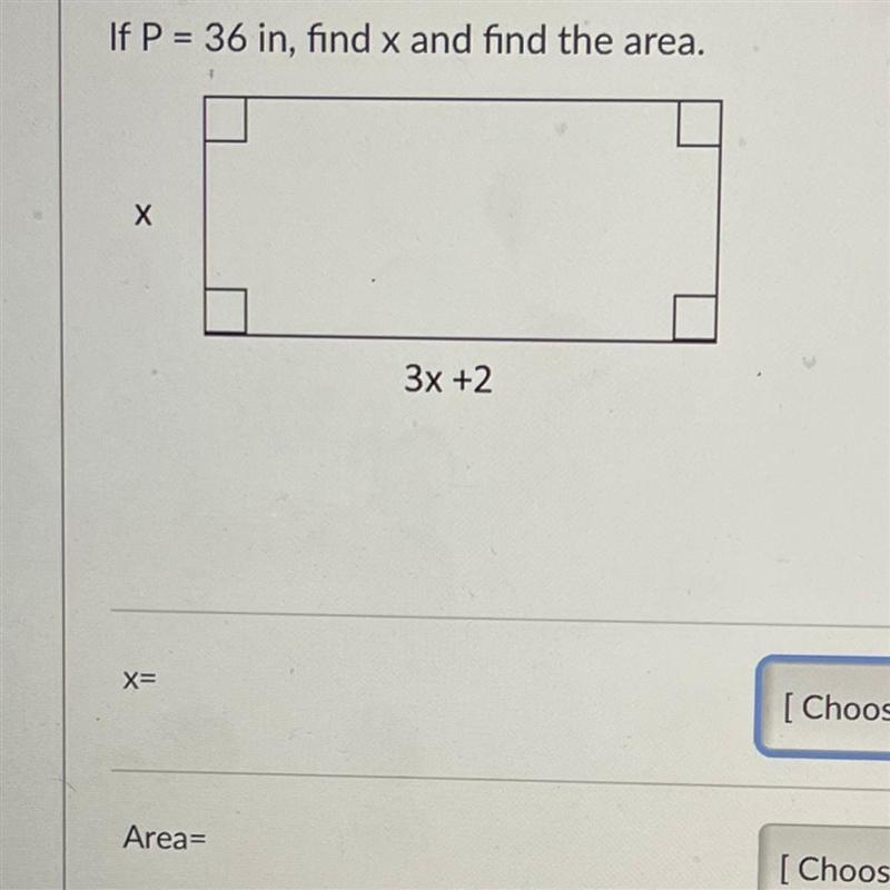 If P=36 inches, find x and find the area-example-1