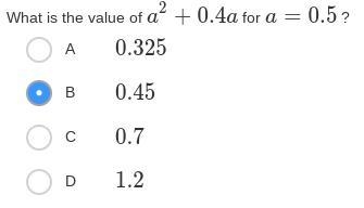 What is the value of a2+0.4a for a=0.5?-example-1