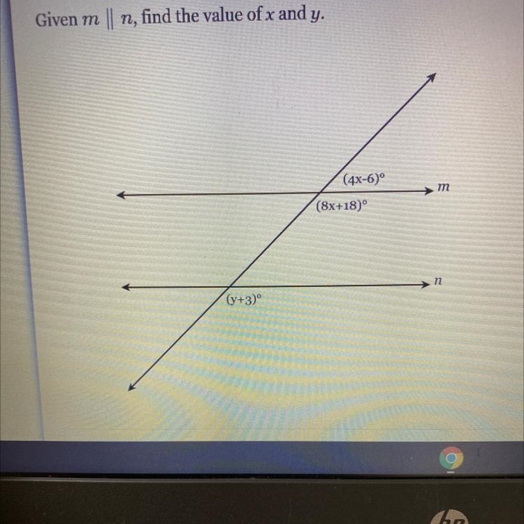 Given m || n, find the value of x and y. (4x-6) (8x+18) (y+3)-example-1