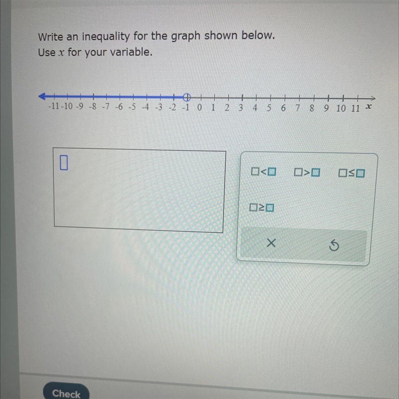 Write an inequality for the graph shown below. Use x for your variable.-example-1