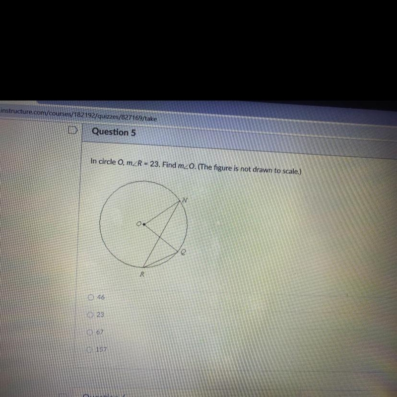 In circle O, mZR = 23. Find mzo. (The figure is not drawn to scale.) e R O 46 23 67 157-example-1