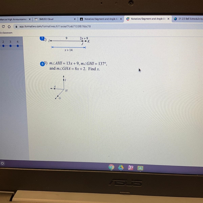 8 m_AHI = 13x +9, mZGHI = 137°, and mZGHA = 8x + 2. Find x. H G-example-1